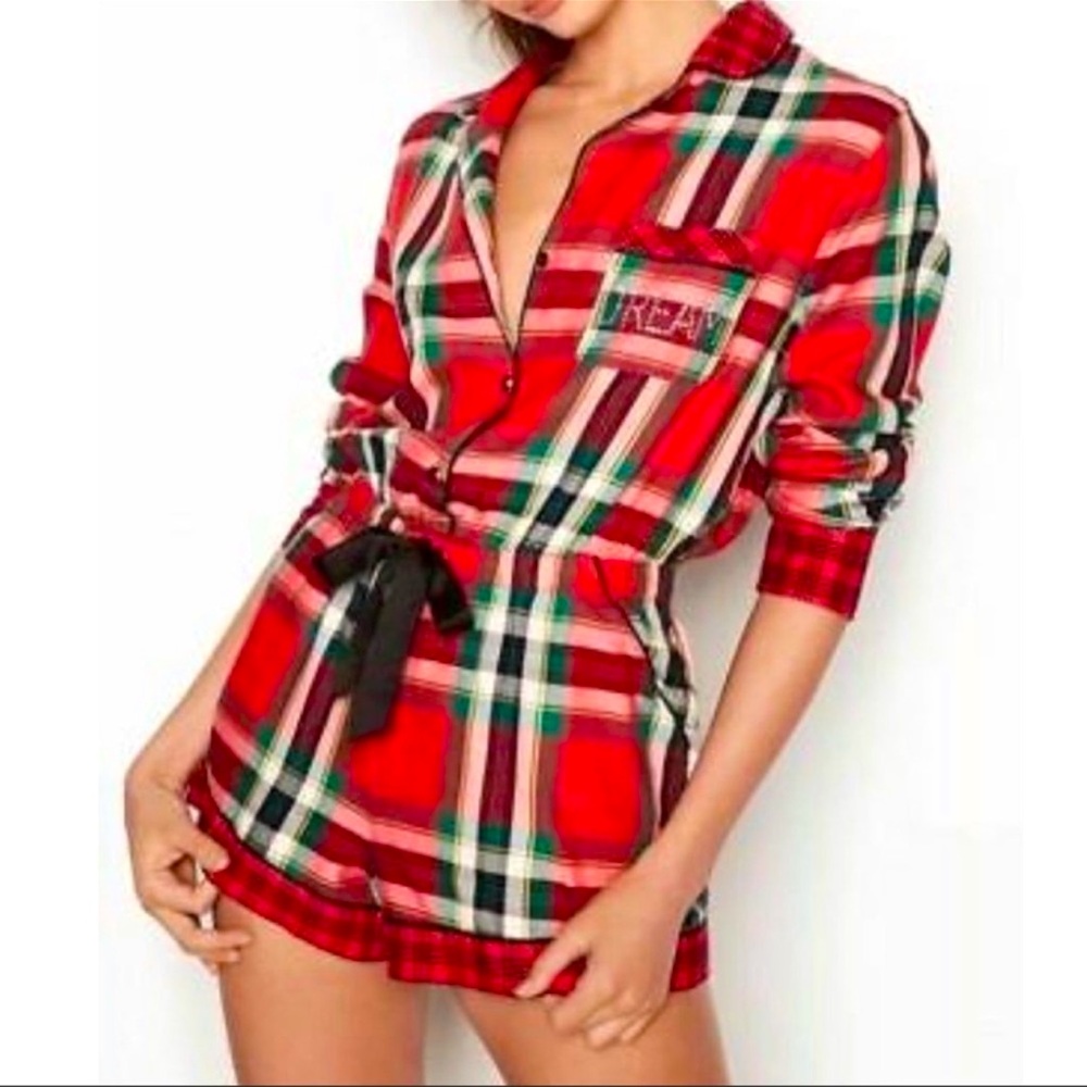 Victoria’s Secret Red Plaid Flannel Romper Pajamas small